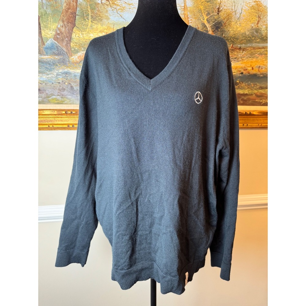 Mercedes-Benz Aramark Black V-Neck Wool Blend Logo Knit Sweater Mens L Preppy